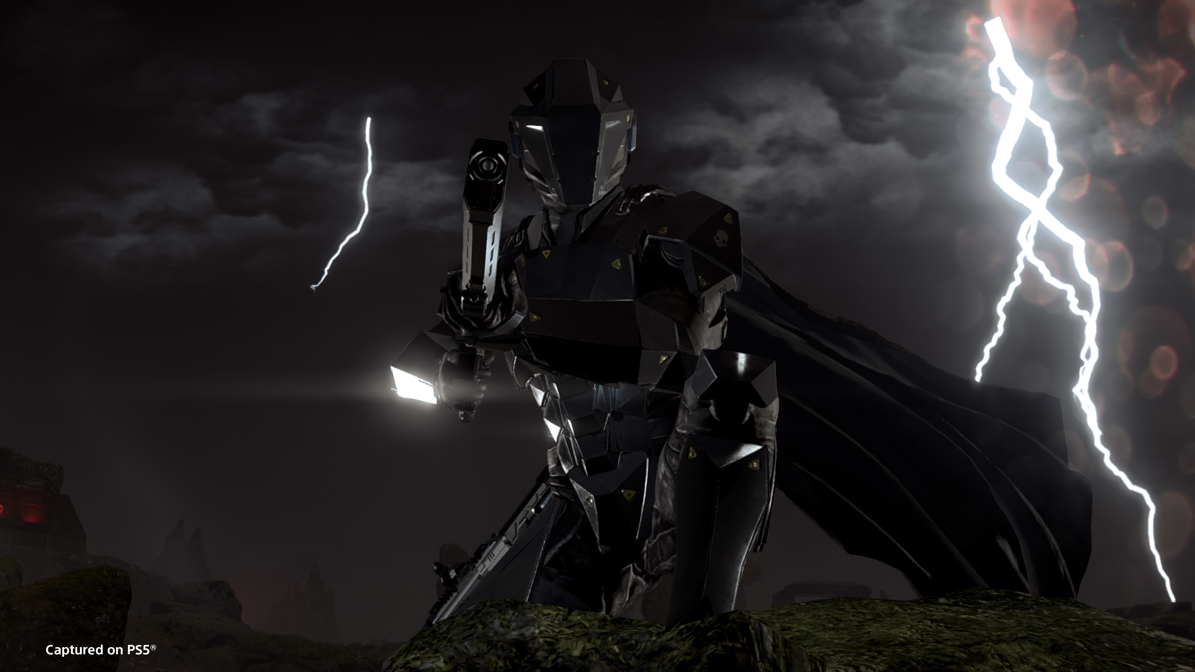 A crouching Helldiver wearing a Redacted Regiment armor set is backlit by a crack of lightning.
