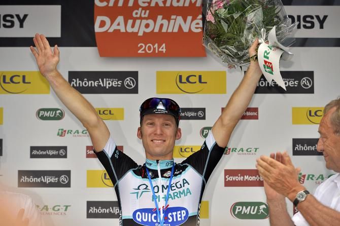 Jan Bakelants (Omega Pharma - QuickStep) celebrates his stage six win on the podium