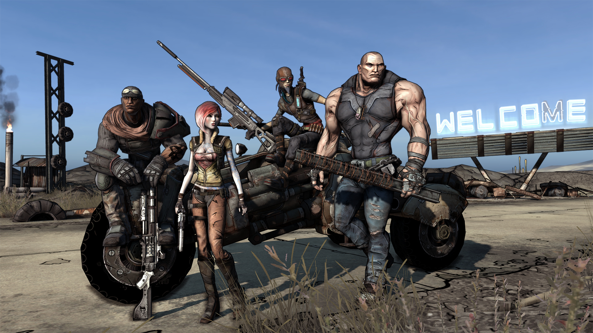 The protagonists of the first Borderlands game in front of a vehicle in-game.