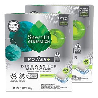 Two gray boxes of dishwasher tablets in front of one another. 