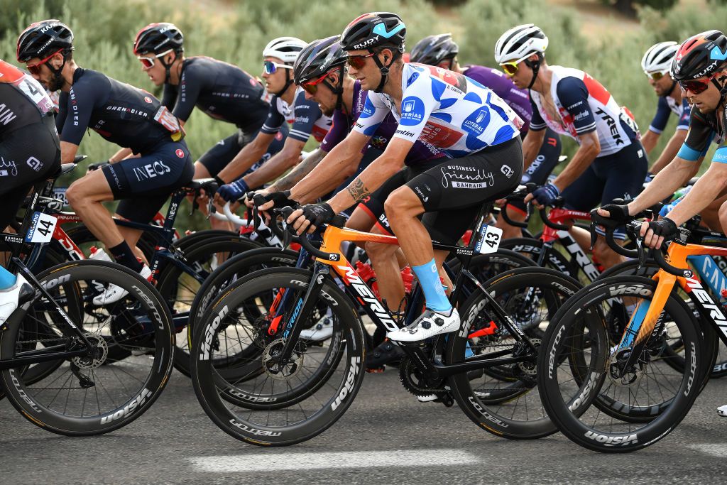 VALDEPEAS DE JAN SPAIN AUGUST 25 Damiano Caruso of Italy and Team Bahrain Victorious Polka Dot Mountain Jersey during the 76th Tour of Spain 2021 Stage 11 a 1336km stage from Antequera to Valdepeas de Jan 1009m lavuelta LaVuelta21 on August 25 2021 in Valdepeas de Jan Spain Photo by Tim de WaeleGetty Images