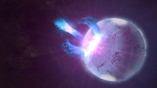 An illustration of a neutron star undergoing a "starquake," a violent event that could cause mysterious fast radio bursts.