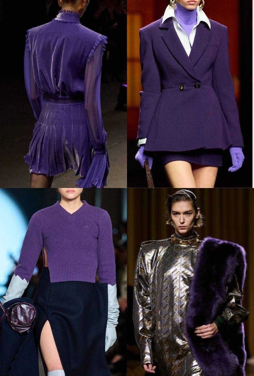 A royal purple dress, roll-neck top, blazt and gloves, jumper, and faux-fur scarf on the Roberto Cavalli, Luisa Spagnol, Kegel's and Mugler Autumn/Winter 2026 runways.