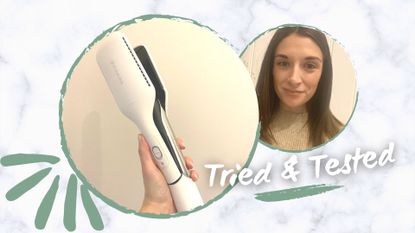 Jess beech pictured holding the GHD Duet Style in her hand and with straight hair having tested the tool for this ghd duet style review