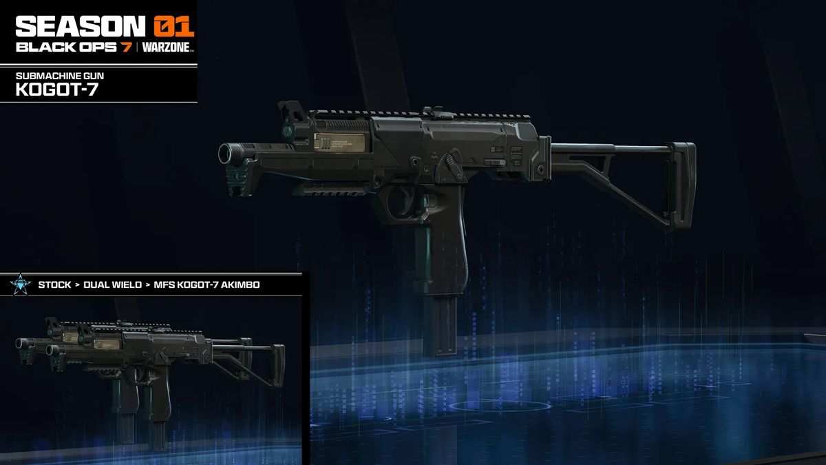 Black Ops 7 Season 1: The Kogot-7 SMG against a dark blue background, and a box in the bottom left highlighting it's unique attachment.