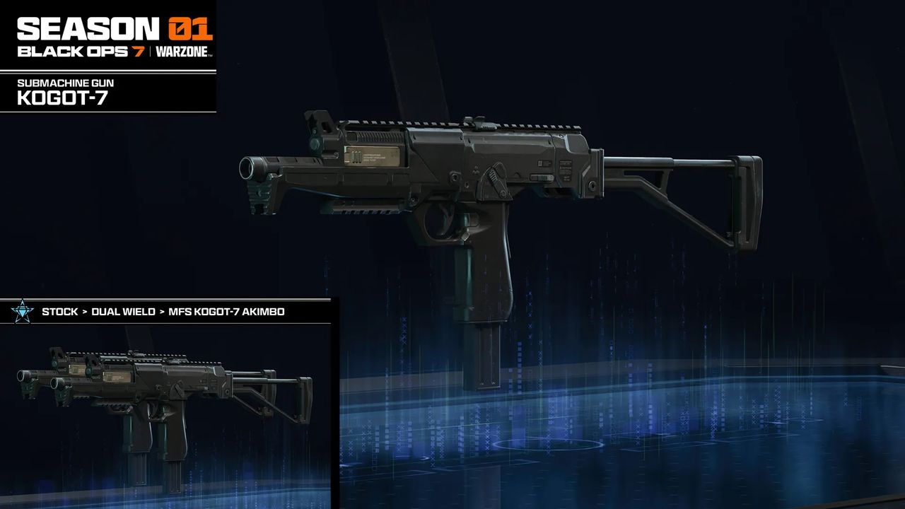 Black Ops 7 Season 1: The Kogot-7 SMG against a dark blue background, and a box in the bottom left highlighting it's unique attachment.
