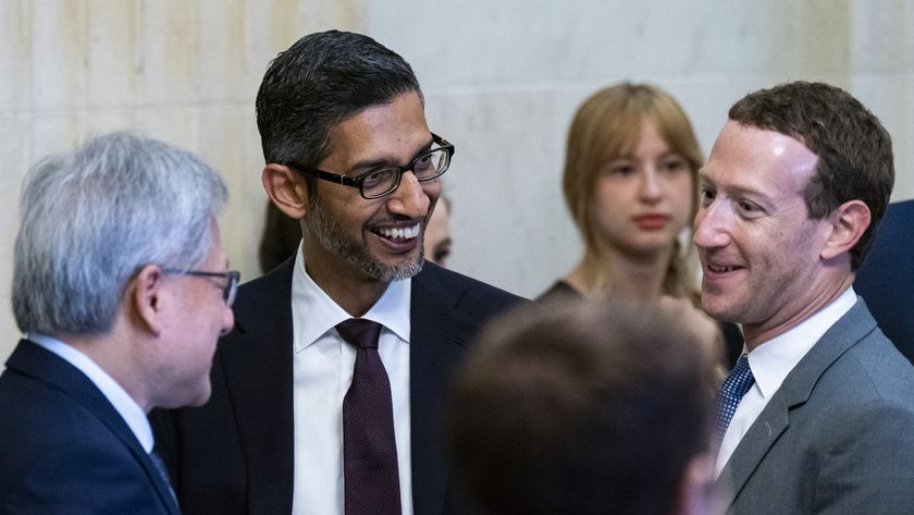 Jensen Huang, Sundar Pichai and Mark Zuckerberg speaking to each other