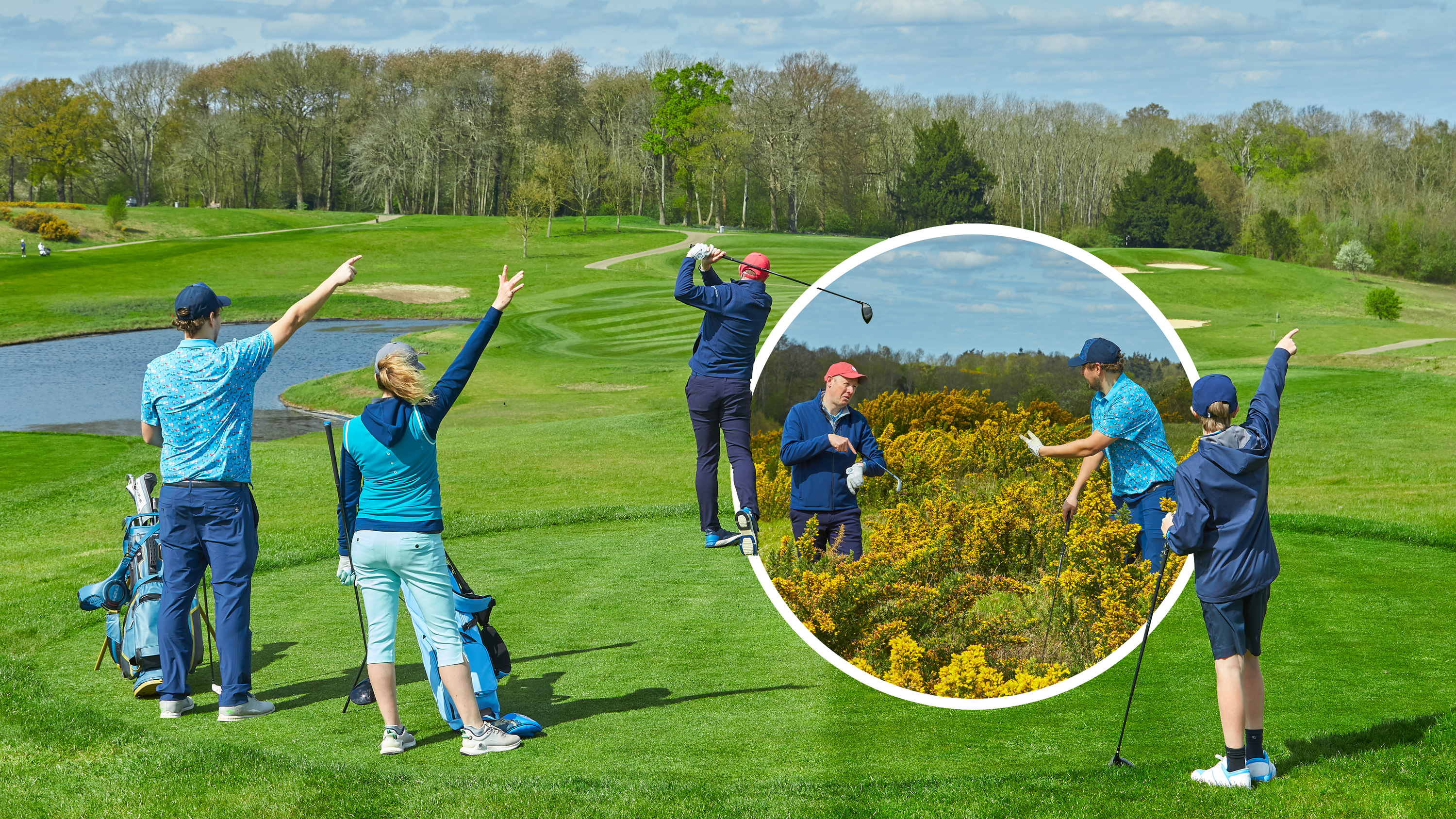 Three golfers pointing to the right to single a fore warning, with another golfer in the finish position with driver, and an inset image of two golfers arguing about pace of play