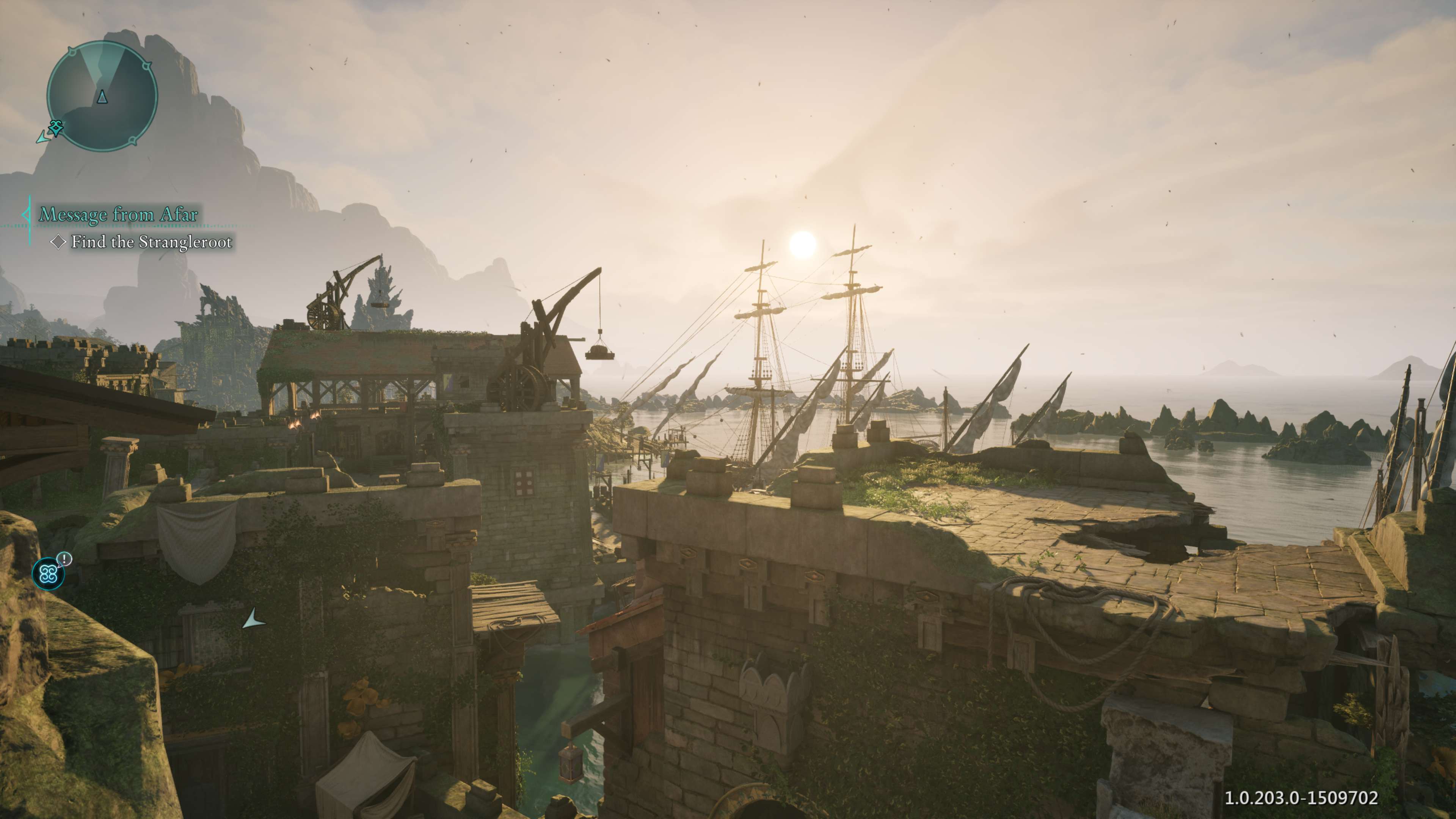 Screenshot of Avowed on PC showing the player on top of a rooftop, staring out across several buildings to the ocean as the sun sets.