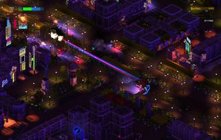 Best mech games - In Brigador, the player pilot hammers an enemy mech with combined weapons fire over neon-lit streets.