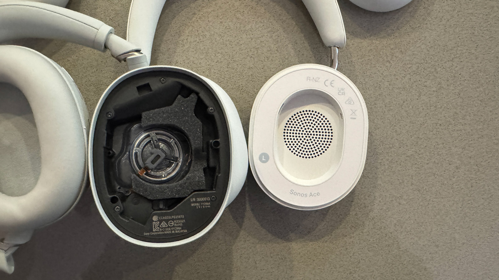 Sony WH-1000XM6 and Sonos Ace headphones with a removable ear cushion removed