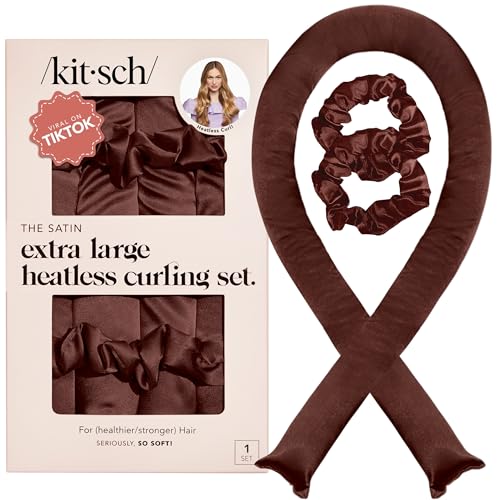 Kitsch Xl Satin Heatless Curling Set &amp;ndash; Heatless Hair Curler for Women, Hair Curler to Sleep in - With 2 Satin Scrunchies for Overnight Curls &amp;ndash; No Heat Damage Styling With Heatless Curler - Chocolate