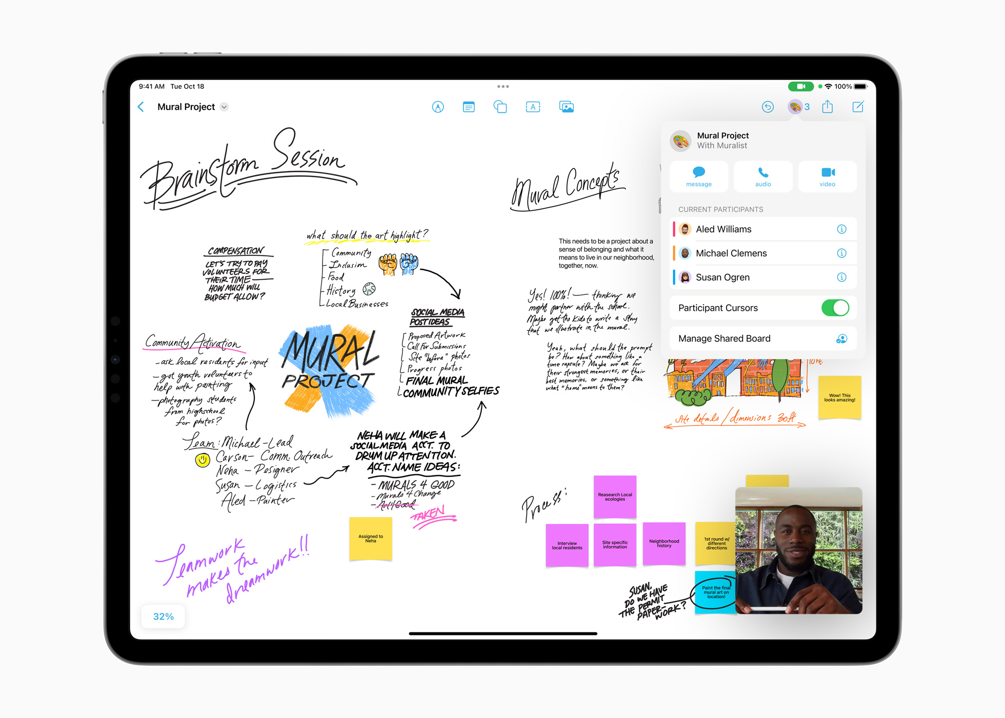 Dengan integrasi FaceTime dan iCloud, Freeform dirancang untuk kolaborasi, membuatnya lebih mudah dari sebelumnya untuk mengundang orang lain bekerja di papan bersama.