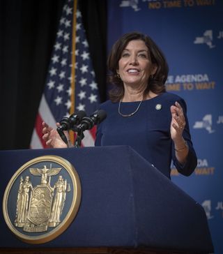 Lieutenant Governor Kathy Hochul speaking at Half Hollow Hills East School with Parkland parents present, on the gun law campaign in Dix Hills, New York on January 10, 2019.