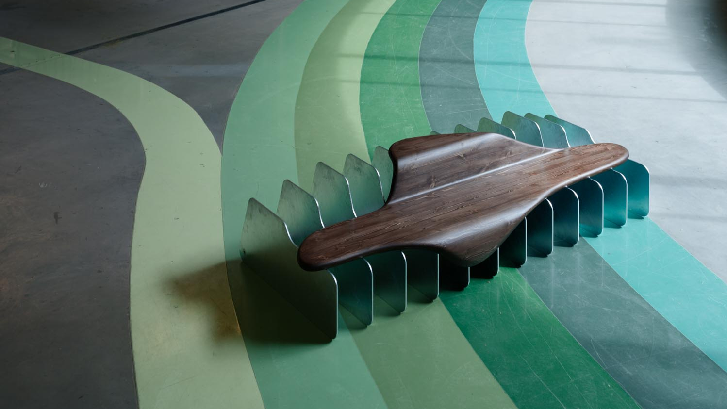 galvanised steel and timber bench on coloured striped floor