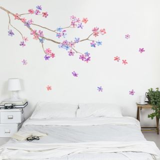 bedroom with white scheme and blossom wallstickers from Oakdene Designs