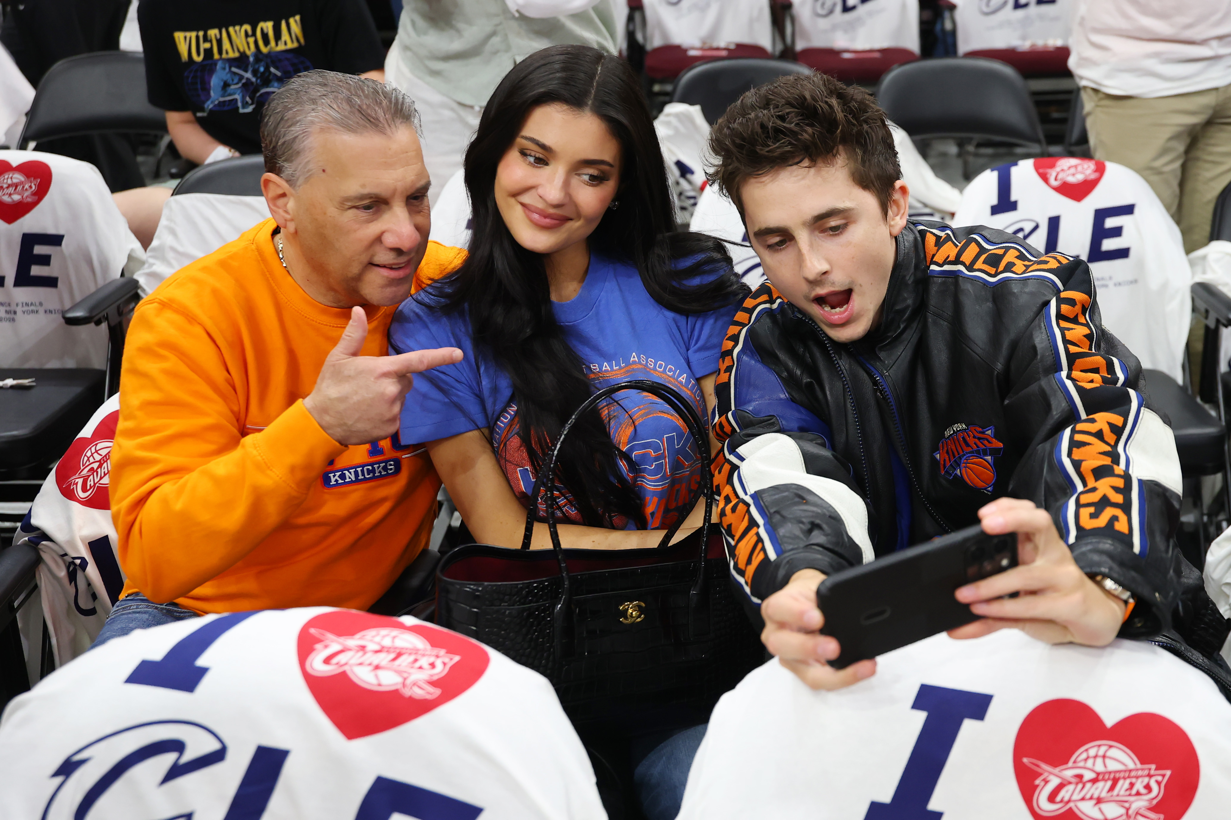 Kylie Jenner and actor Timoth&amp;eacute;e Chalamet attend Game Four of the NBA Eastern Conference Finals between the Cleveland Cavaliers and the New York Knicks at Rocket Arena on May 25, 2026 in Cleveland, Ohio.
