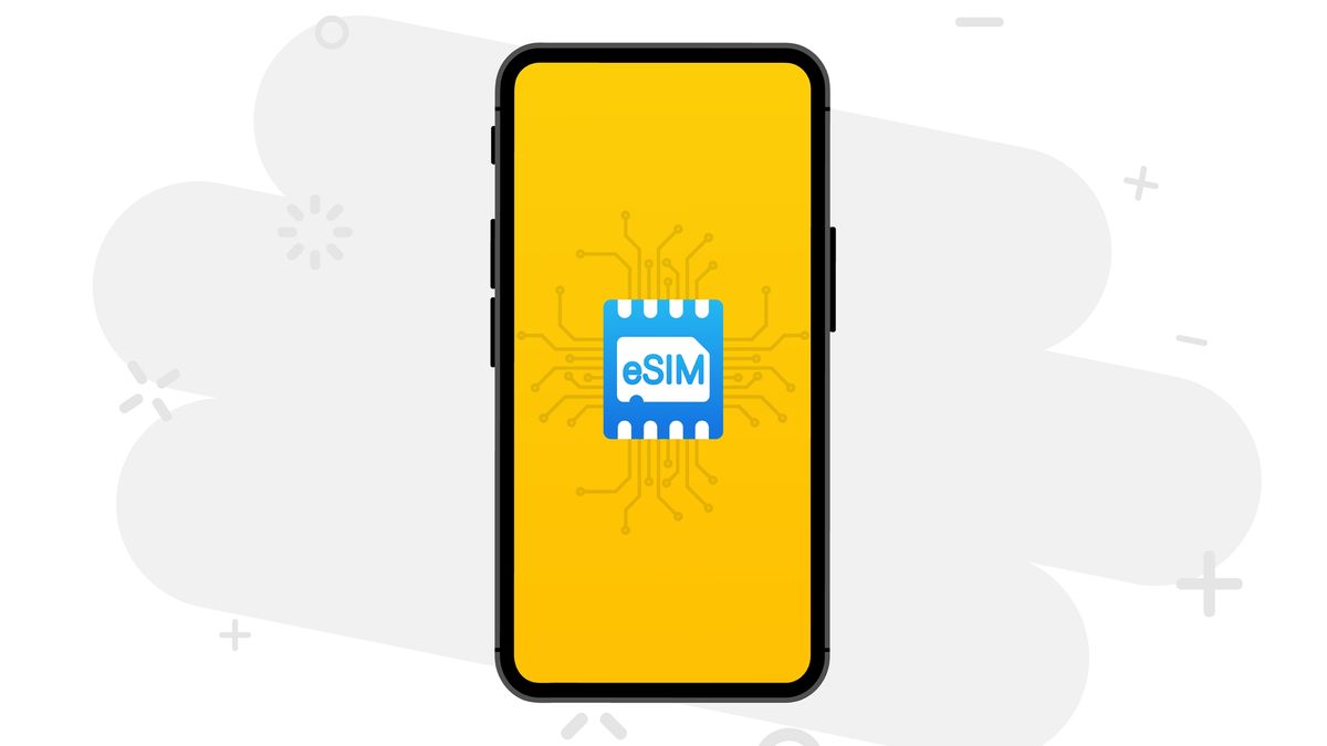 A digital image of a smartphone with an eSIM design in the middle, demonstrating how to set up an eSIM on iPhone and Android