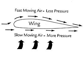When a fluid is moving faster, it has lower pressure. This principle explains the lift created by an airplane’s wing.