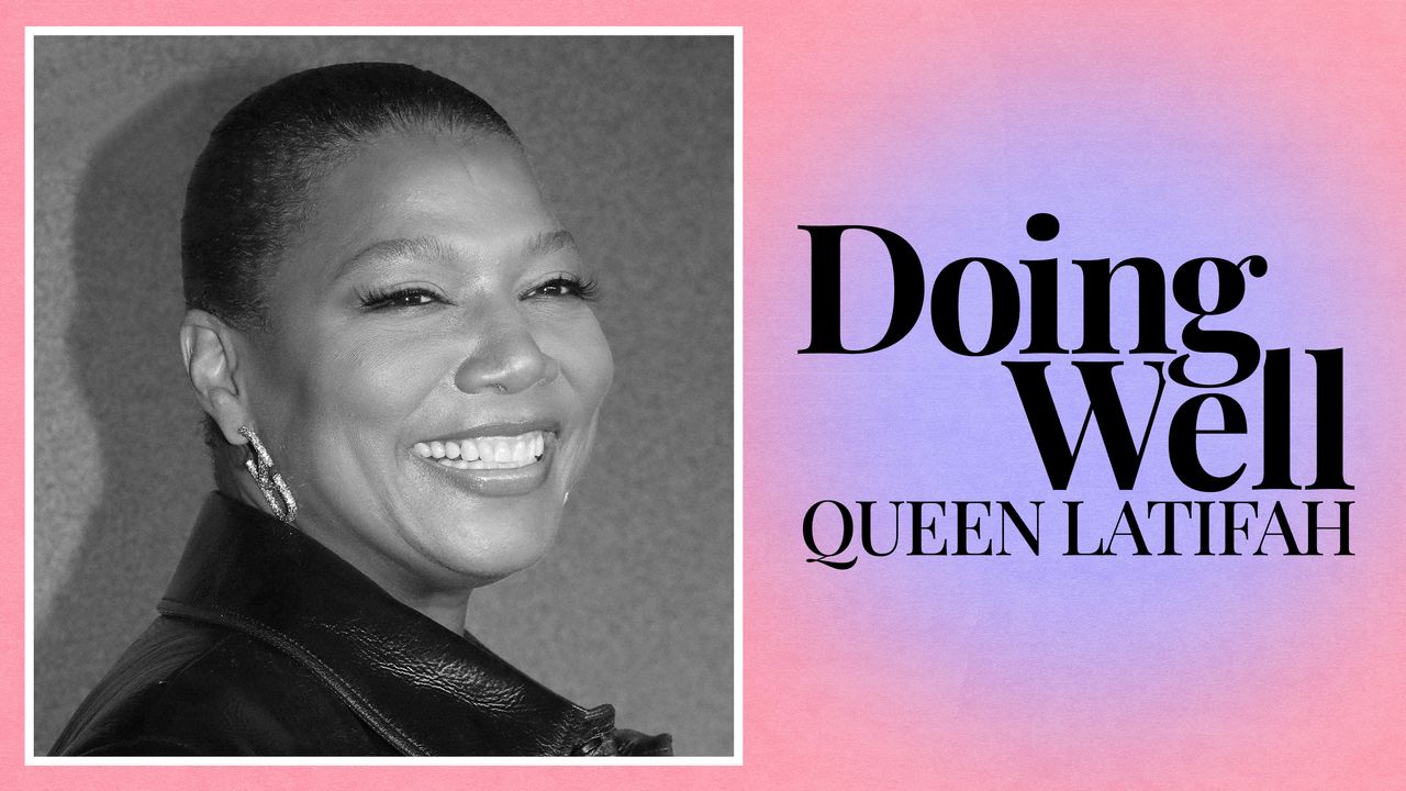 Queen Latifah with the text &quot;Doing Well Queen Latifah&quot; on a pink and purple ombré background