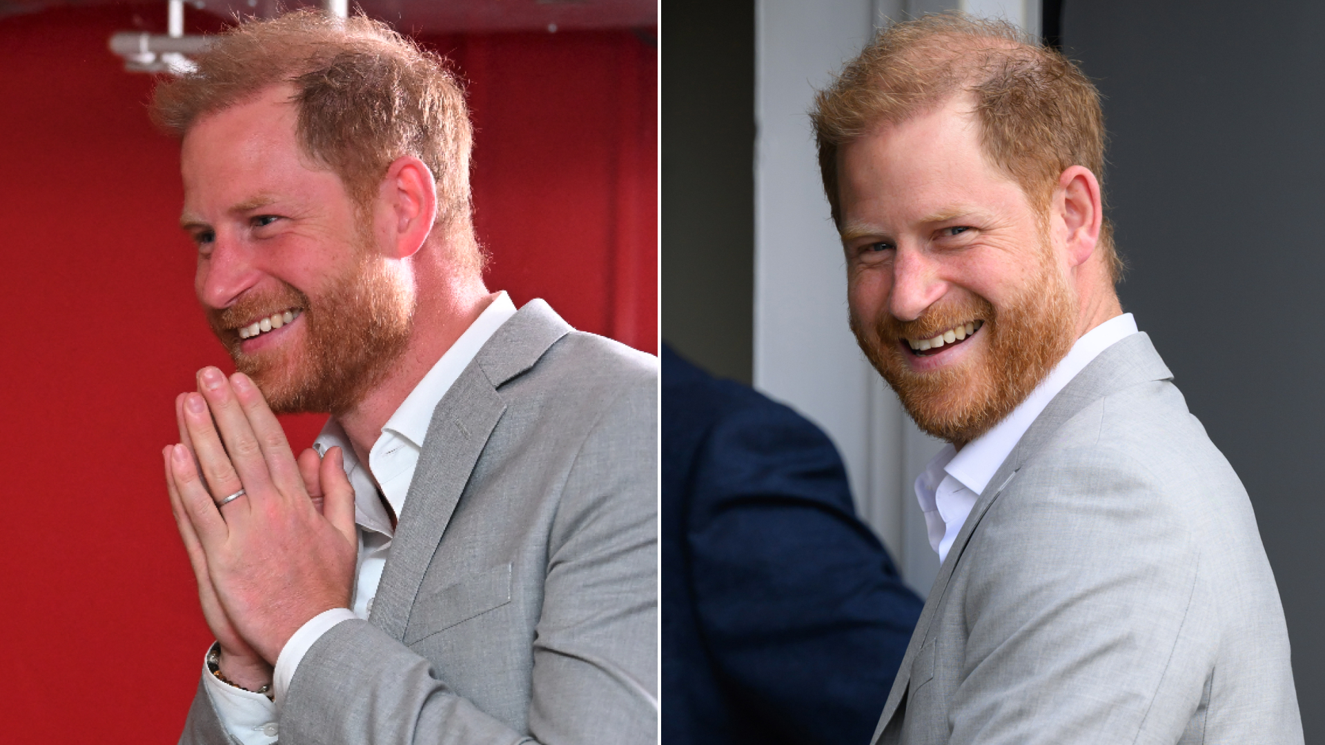 Prince Harry wears a gray suit jacket, a white shirt, and dark slacks and has red hair as he visits the UK in September 2025