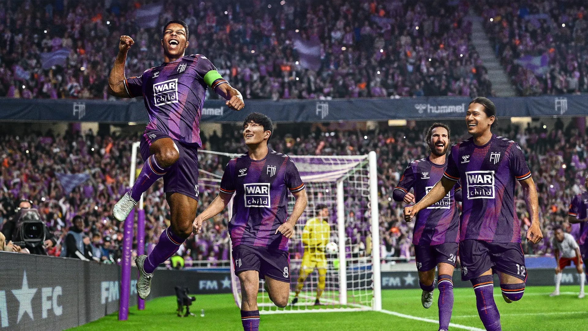 The cover art of Football Manager 2024 showing players in a purple kit running and celebrating 