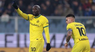 Romelu Lukaku of Inter Milan gestures as teammate Lautaro Martinez moves behind him during the Serie A match between Sampdoria and Inter Milan at the Stadio Luigi Ferraris in Genoa, Italy on 13 February, 2023.