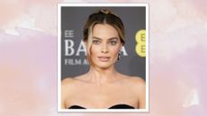 Margot Robbie pictured with the Single-Strand hair trend paired with a bun hairstyle whilst attending the 2024 EE BAFTA Film Awards at The Royal Festival Hall on February 18, 2024 in London, England/ in a pink, peach and purple watercolour template