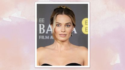 Margot Robbie pictured with the Single-Strand hair trend paired with a bun hairstyle whilst attending the 2024 EE BAFTA Film Awards at The Royal Festival Hall on February 18, 2024 in London, England/ in a pink, peach and purple watercolour template