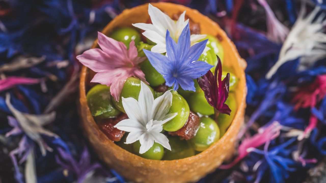 Alderman peas, chorizo and cornflower at Moor Hall