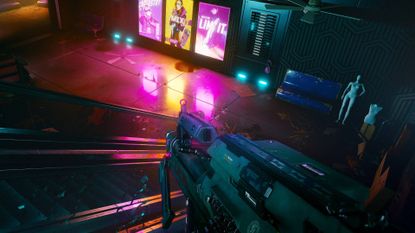 The player in Cyberpunk 2077 holding a heavy machine gun on an escalator.