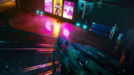 The player in Cyberpunk 2077 holding a heavy machine gun on an escalator.