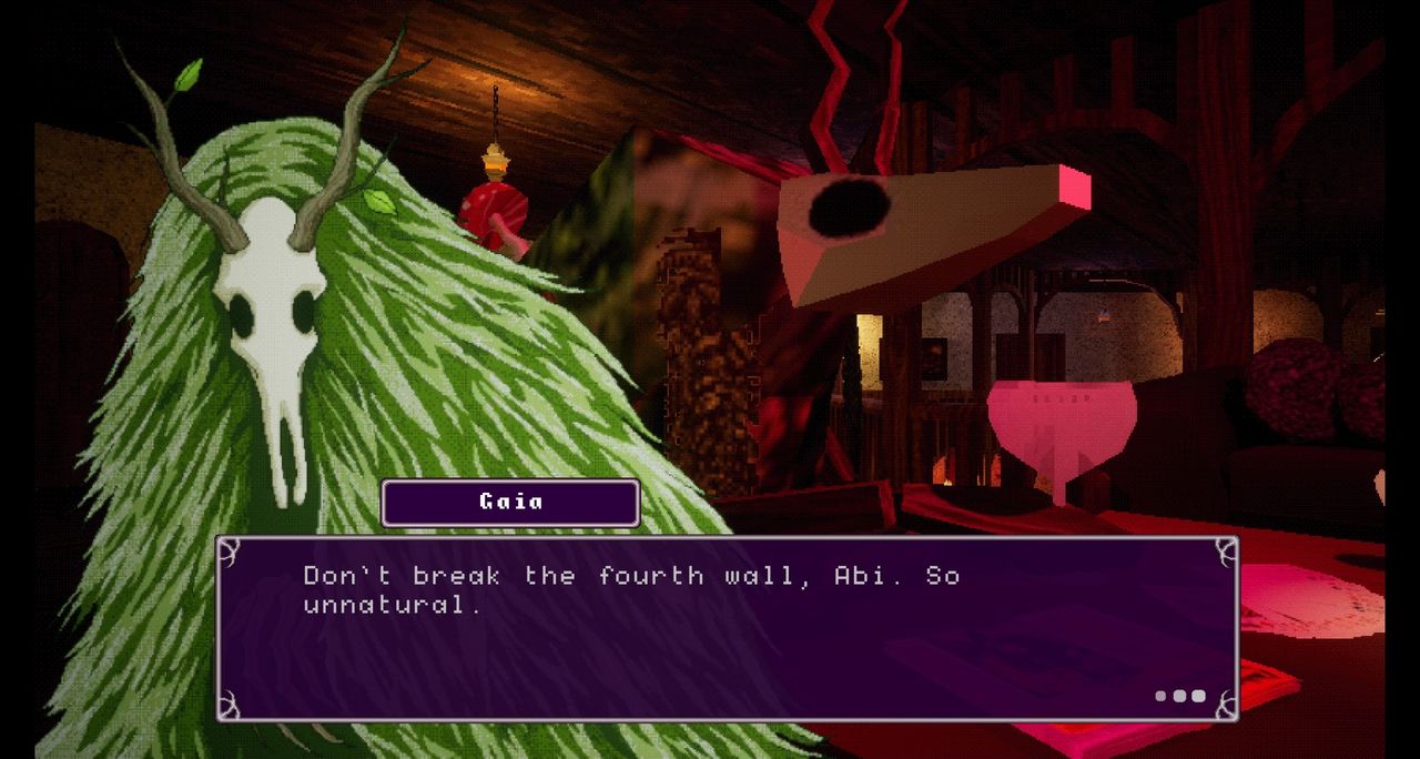 dialogue screen with a shambling mound-type forest creature, text "Don't break the fourth wall, Abi. So unnatural."