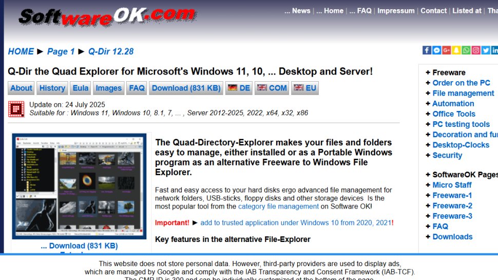 Website screenshot of Q-Dir (August, 2025)