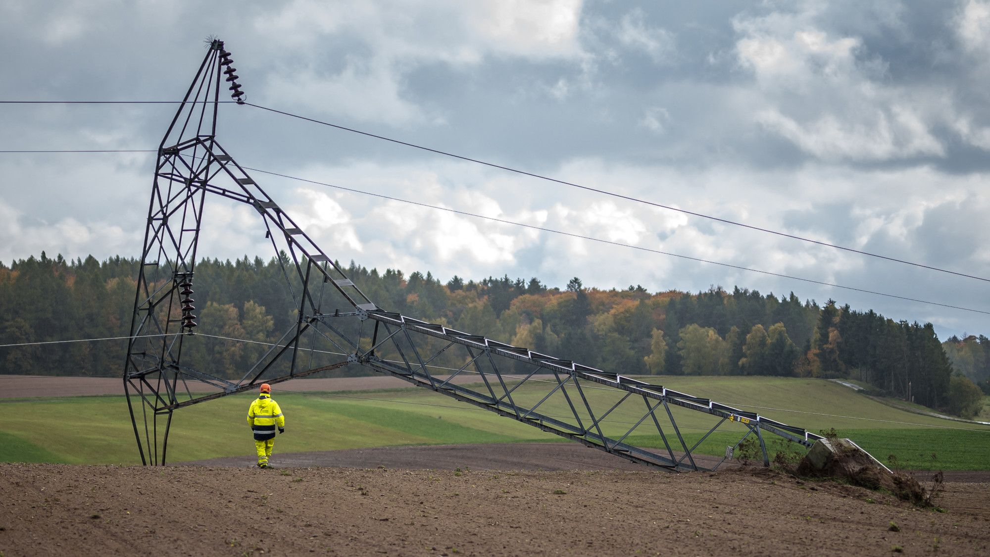 A transmission tower falls near Biere, Switzerland