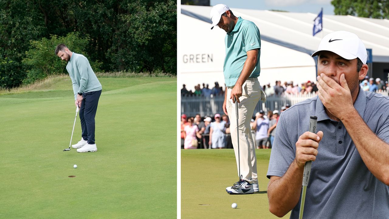Baz Plummer hitting a putt on the 10th green at Sand Moor Golf Club with an image of Scottie Scheffler reacting to a missed short putt on the PGA Tour