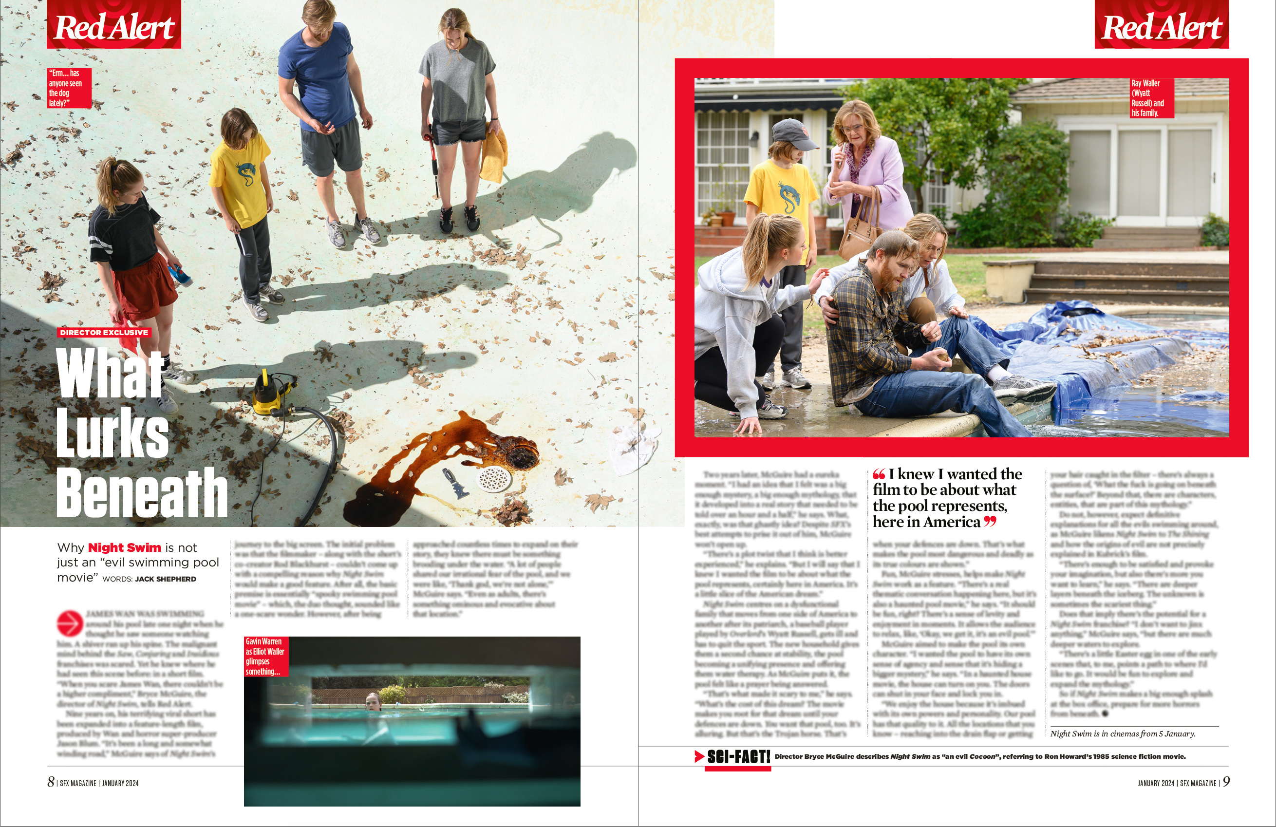 A family of four looking at a sinister stain in their emptied pool.