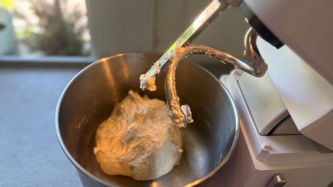 Testing the Ooni Halo Core Stand Mixer showing white bread dough