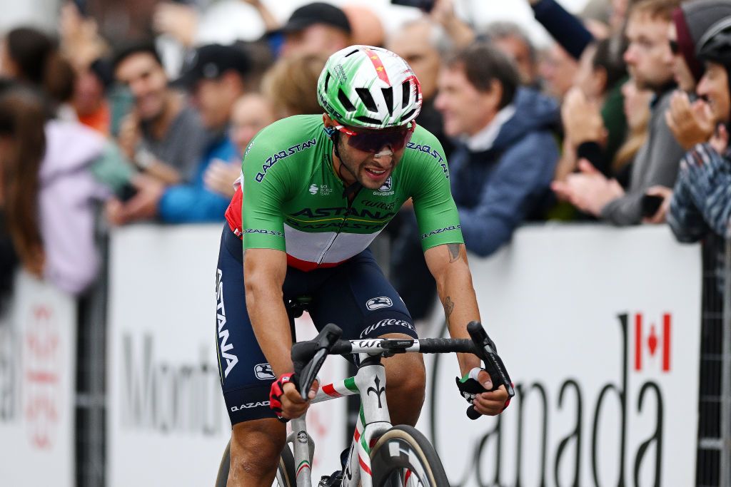 MONTREAL QUEBEC SEPTEMBER 10 Simone Velasco of Italy and Astana Qazaqstan Team crosses the finish line during to the 12th Grand Prix Cycliste de Montreal 2023 a 2214km one day race from Montreal to Montreal UCIWT on September 10 2023 in Montreal Quebec Photo by Dario BelingheriGetty Images