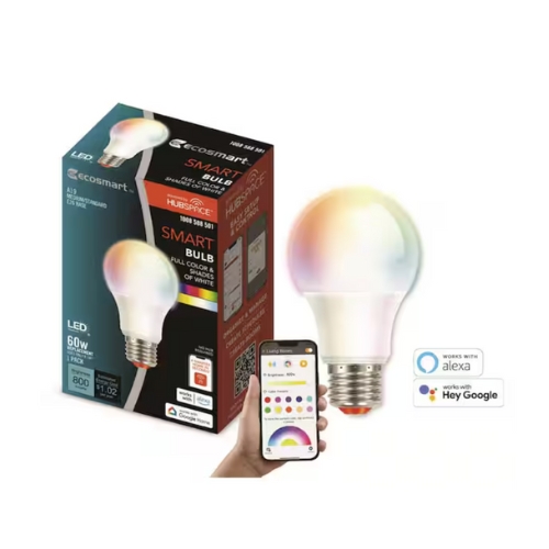 EcoSmart 60W Smart A19 Color Changing LED Light Bulb, against white background.