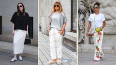 composite of three women in street style shots showing how to style oversized t-shirts