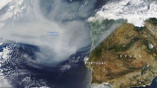 a pall of smoke crossing the atlantic into spain and portugal, as seen by an earth-orbiting satellite
