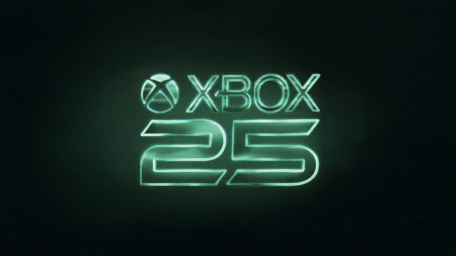 Xbox 25th anniversary logo in glowing green on a dark background. The design is sleek and futuristic, conveying a celebration and milestone.