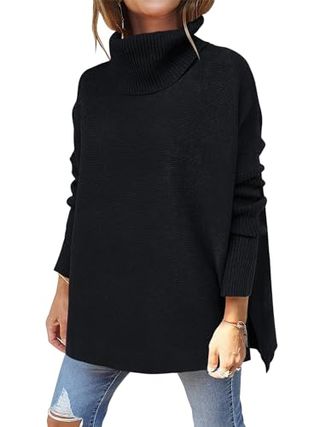 Anrabess Women's Oversized Turtleneck Batwing Sleeve Spilt Casual Loose Knit Tunic Pullover Sweater Tops 2024 Fall Outfits Black Small