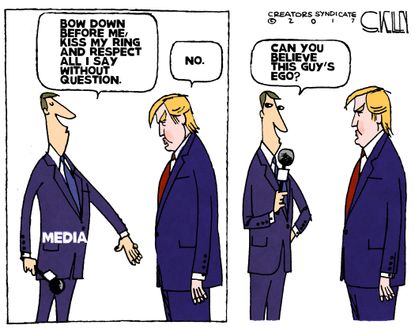 Political Cartoon U.S. President Trump won't bow down to media regulation