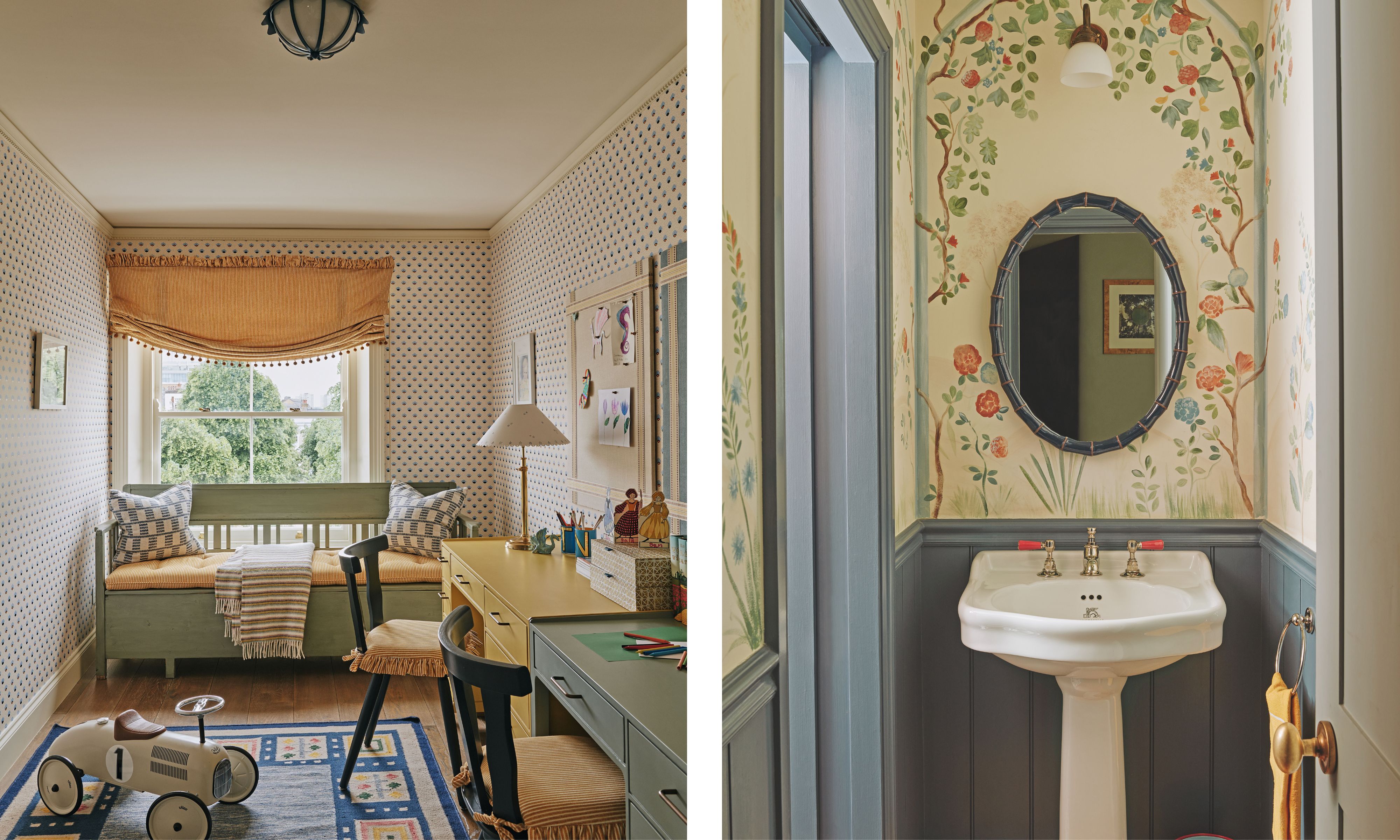 (Left) A child&amp;rsquo;s playroom with blue dotted wallpaper, a yellow desk, and a vintage toy car. (Right) A powder room with a pedestal sink, grey paneling, and an arched floral mural.