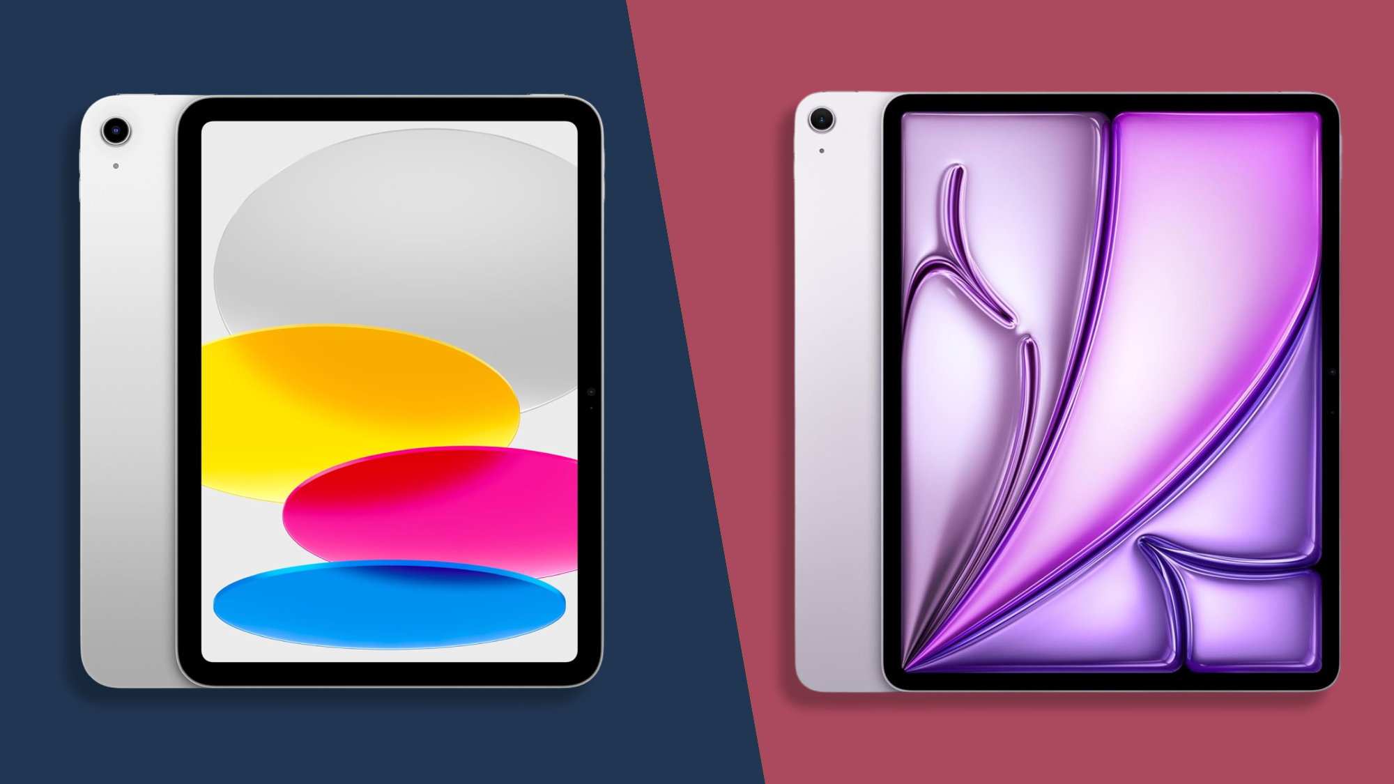 iPad and iPad Air on a split navy/maroon background