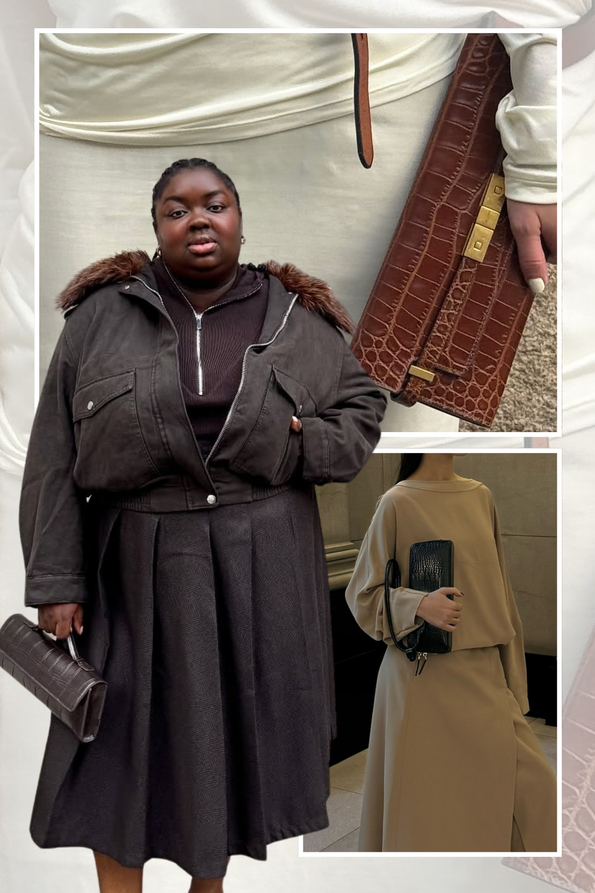 A selection of stylish fashion people carrying elongated croc bags in a selection of colours