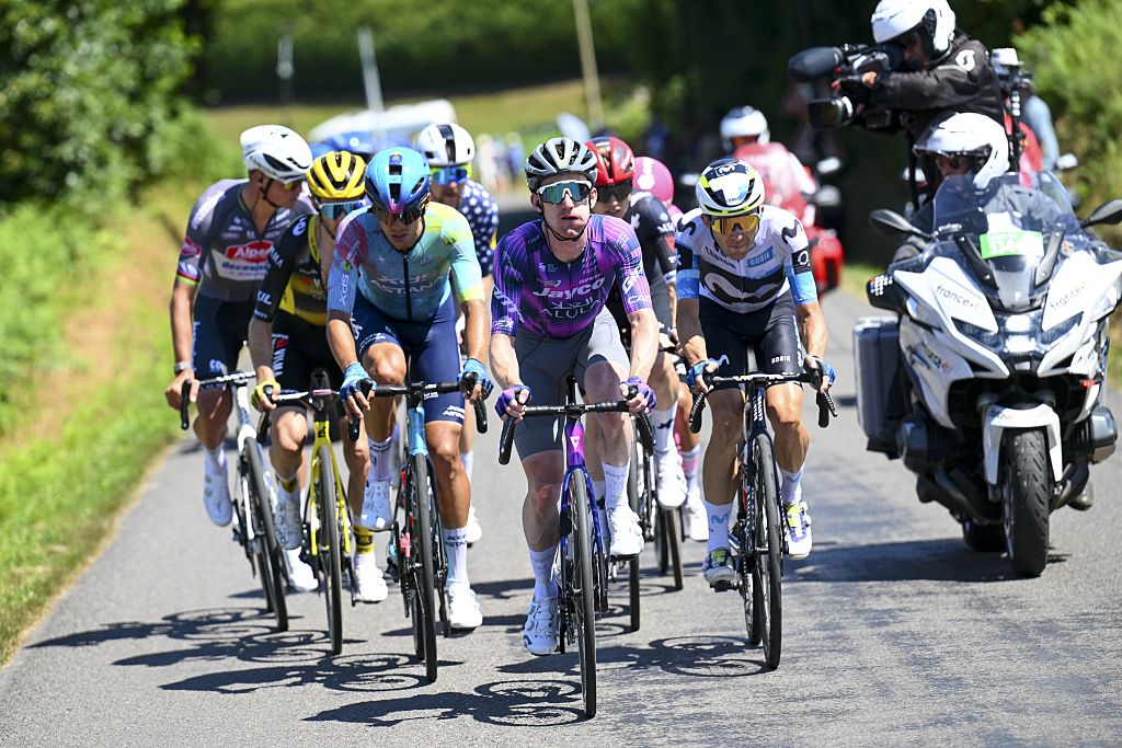 Dutch Mathieu van der Poel of Alpecin-Deceuninck, British Simon Philip Yates of Team Visma-Lease a Bike, Colombian Harold Tejada of XDS Astana Team, Irish Edward Dunbar of Team Jayco AIUIa, American William Barta of Movistar Team and Australian Michael Storer of Tudor Pro Cycling Team pictured in action during stage six of the 2025 Tour de France cycling, from Bayeux to Vire Normandie (201 km), on Thursday 10 July 2025 in France. The 112th edition of the Tour de France starts on Saturday 5 July in Lille, France, and will finish in Paris, France on the 27th of July. BELGA PHOTO POOL VINCENT KALUT (Photo by POOL VINCENT KALUT / BELGA MAG / Belga via AFP)