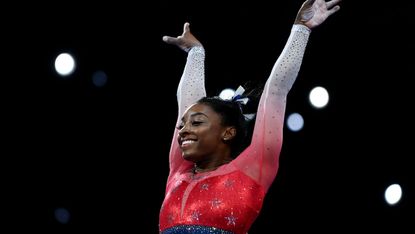 Simone Biles performs on the vault during the women’s team finals at the World Gymnastics Championships in Stuttgart, Germany